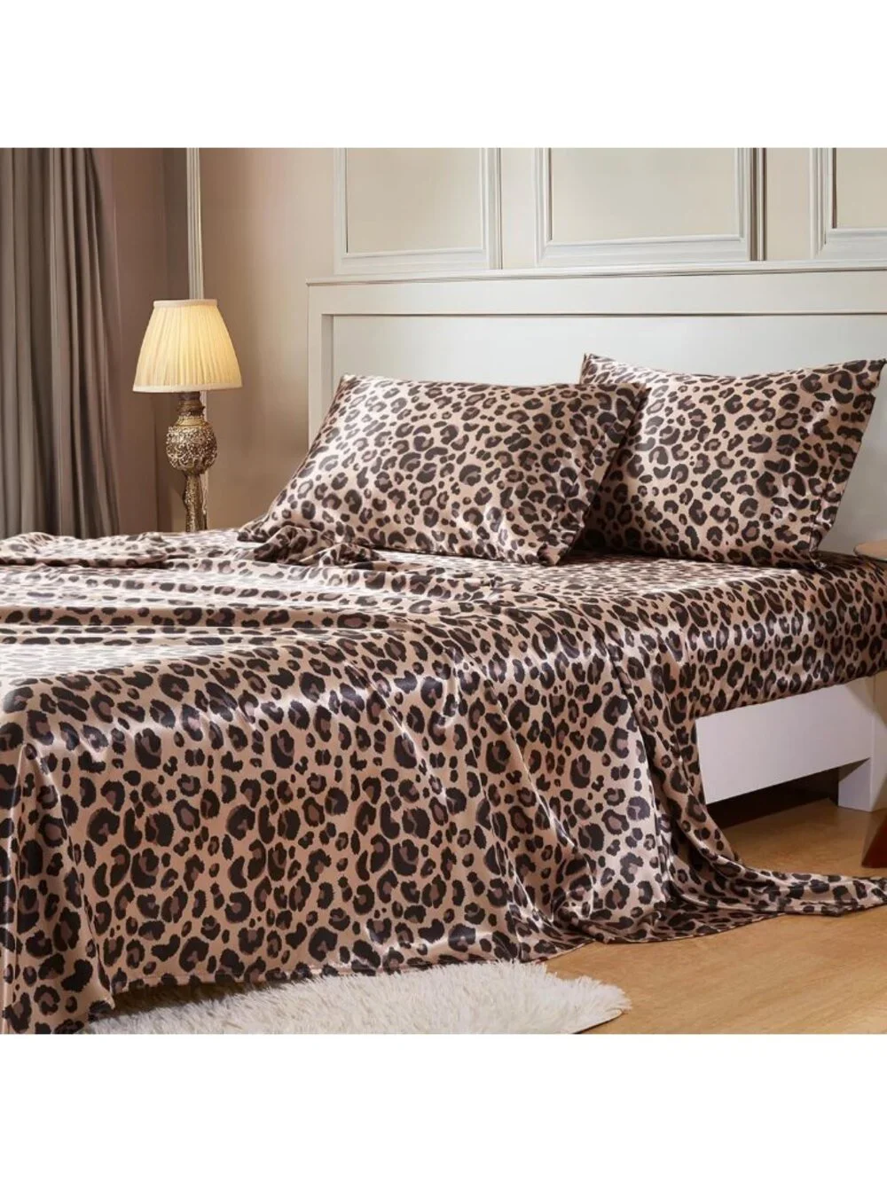 Satin Queen Size Sheets with Elastic Corner Straps, Brown Leopard Print Design